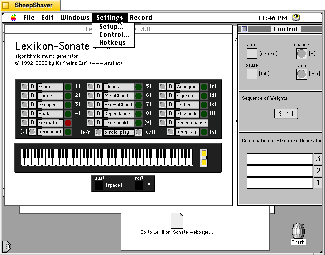 Lexikon-Sonate 3.0 > Settings menu on Macintosh System 7.5.5 system emulated in SheepShaver.