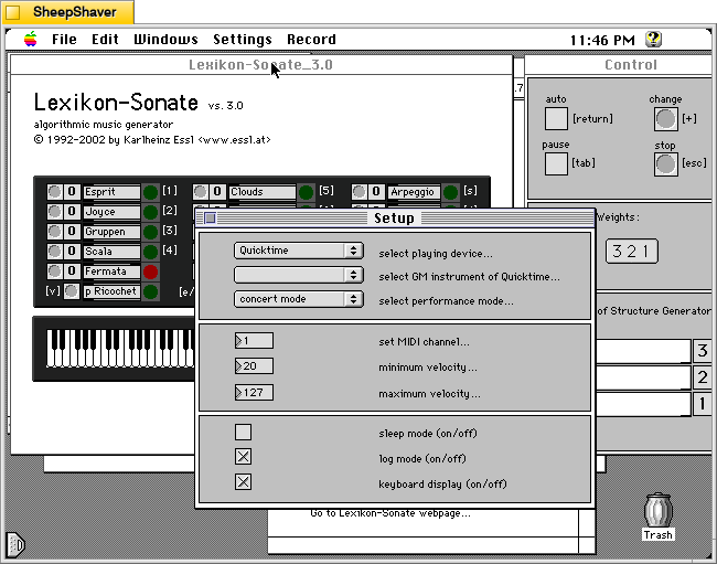 Lexikon-Sonate 3.0 > Setup window on Macintosh System 7.5.5 system emulated in SheepShaver.