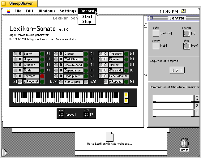 Lexikon-Sonate 3.0 > Record Menu > Start or Stop on Macintosh System 7.5.5 system emulated in SheepShaver.