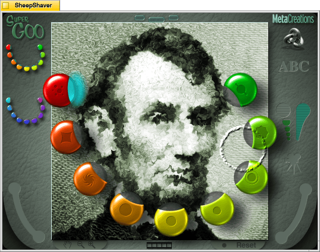 Kai's SuperGOO 1.0 main screen opens with an image of Abraham Lincoln that can be manipulated on MacOS 8.1. The Noise brush has been applied.