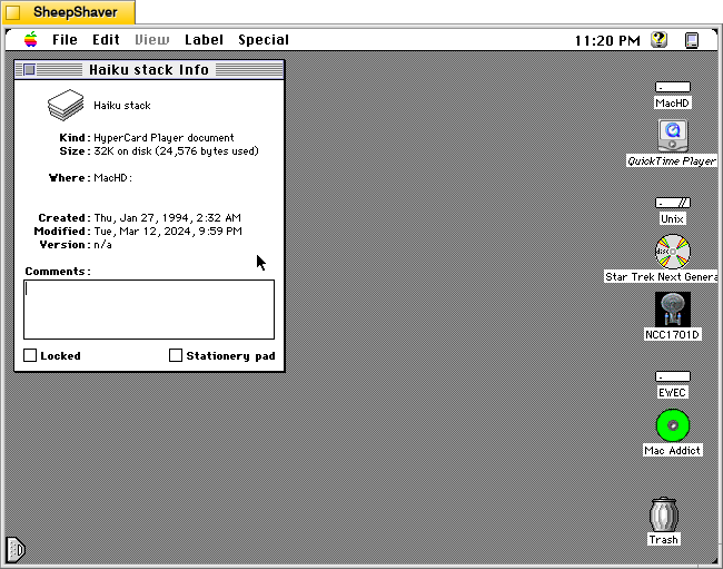 HAIKU 0.2 Hypercard stack Get Info window on Macintosh System 7.5.5 system emulated in SheepShaver.