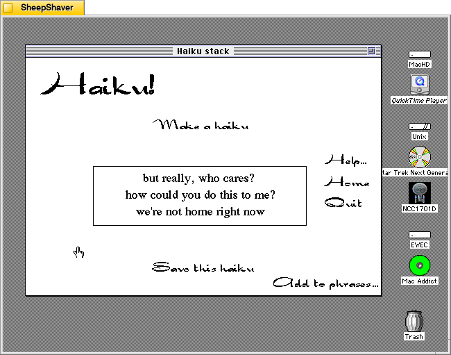 HAIKU 0.2 Hypercard stack main window on Macintosh System 7.5.5 system emulated in SheepShaver.