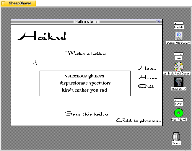 HAIKU 0.2 Hypercard stack main window on Macintosh System 7.5.5 system emulated in SheepShaver.