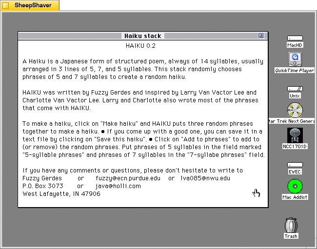 HAIKU 0.2 Hypercard stack's Help window on Macintosh System 7.5.5 system emulated in SheepShaver.