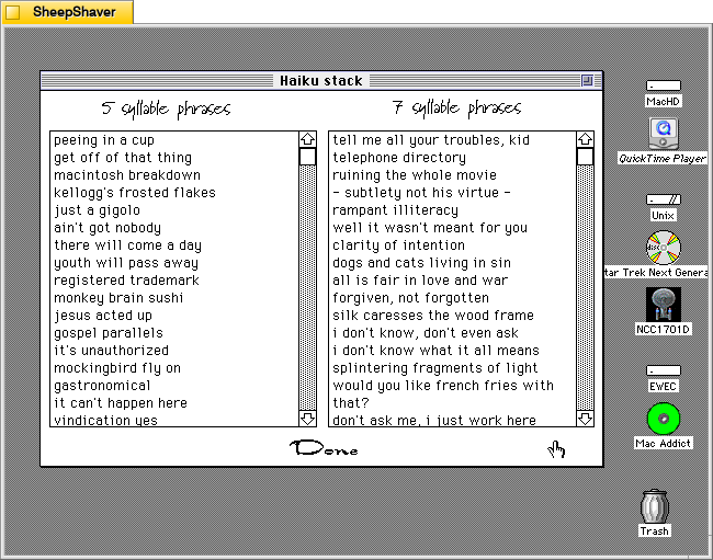 HAIKU 0.2 Hypercard stack's Add to phrases page on Macintosh System 7.5.5 system emulated in SheepShaver.