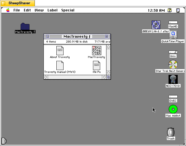 MacTravesty program folder on Macintosh System 7.5.5 system emulated in SheepShaver.