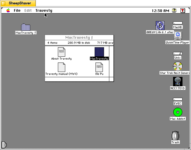 MacTravesty open on Macintosh System 7.5.5 system emulated in SheepShaver.
