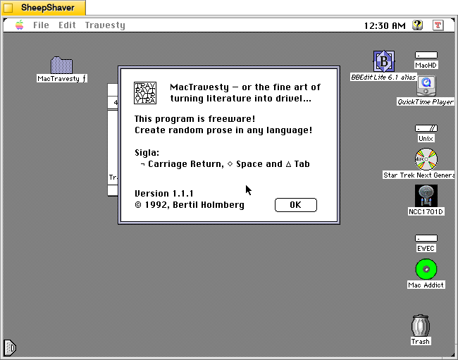 MacTravesty Apple > About MacTravesty window on Macintosh System 7.5.5 system emulated in SheepShaver.