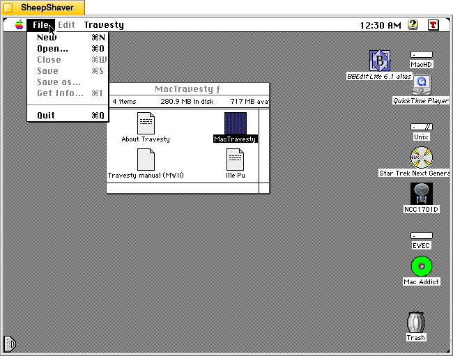 MacTravesty File menu on Macintosh System 7.5.5 system emulated in SheepShaver.