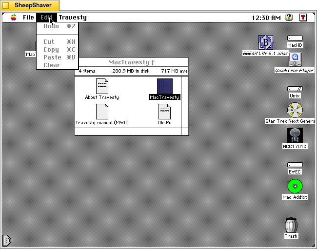 MacTravesty Edit menu on Macintosh System 7.5.5 system emulated in SheepShaver.
