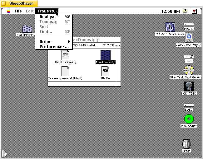 MacTravesty Travesty menu on Macintosh System 7.5.5 system emulated in SheepShaver.