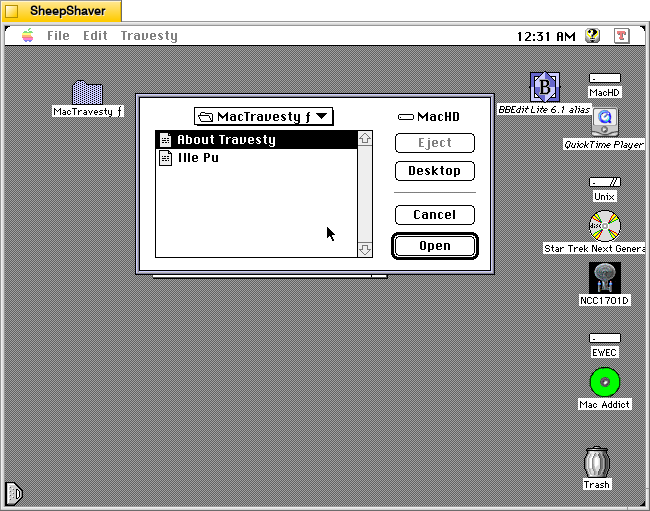 MacTravesty Analyse file selection dialog on Macintosh System 7.5.5 system emulated in SheepShaver.
