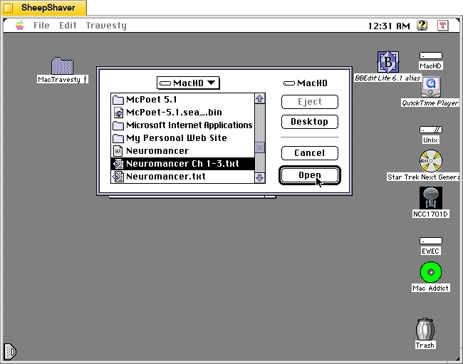MacTravesty Analyse file selection of Neuromancer chapters on Macintosh System 7.5.5 system emulated in SheepShaver.