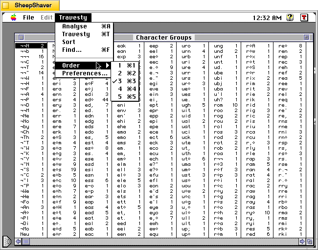MacTravesty Travesty menu > Order submenu on Macintosh System 7.5.5 system emulated in SheepShaver.