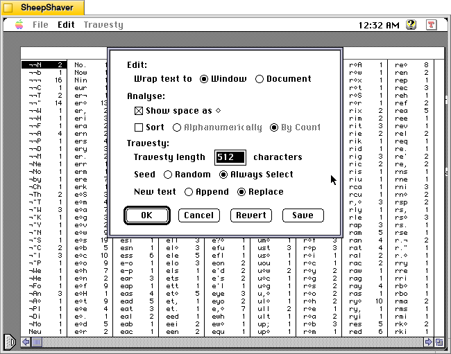 MacTravesty Travesty menu > Preferences on Macintosh System 7.5.5 system emulated in SheepShaver.