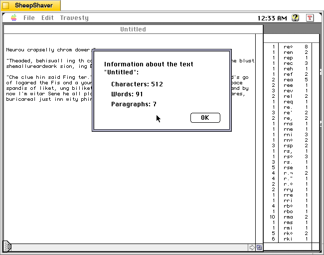 MacTravesty File > Get Info about the generated text on Macintosh System 7.5.5 system emulated in SheepShaver.