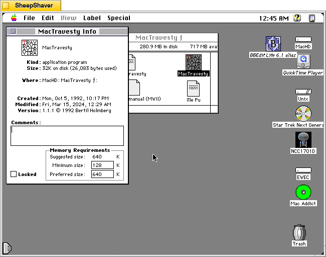 MacTravesty Get Info window on Macintosh System 7.5.5 system emulated in SheepShaver.