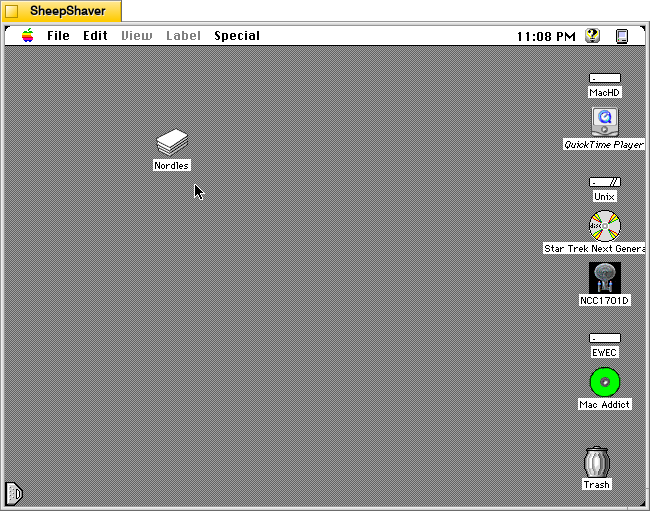 Nordles Hypercard stack on the Desktop of a Macintosh System 7.5.5 system emulated in SheepShaver.
