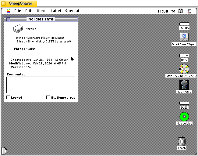 Get Info window for Nordles Hypercard stack on the Desktop of a Macintosh System 7.5.5 system emulated in SheepShaver.