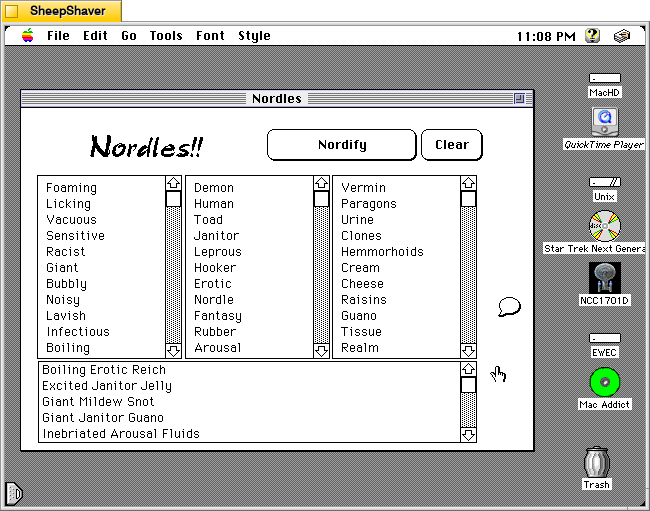Nordles Hypercard stack main window on a Macintosh System 7.5.5 system emulated in SheepShaver.