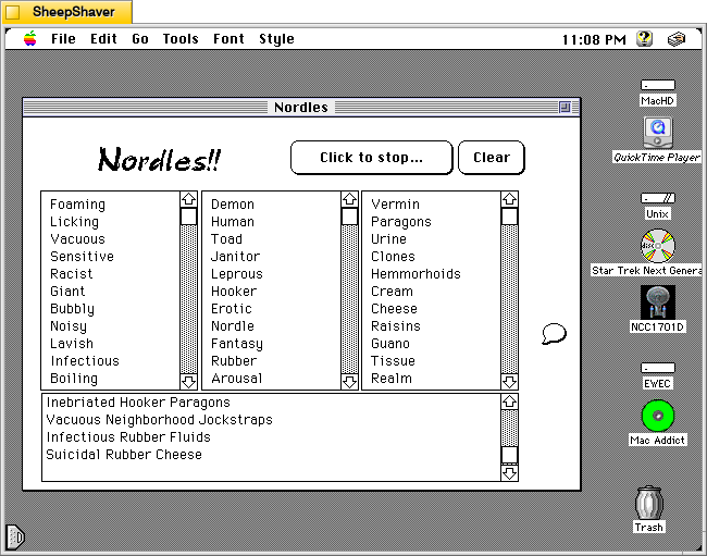 Nordles Hypercard stack main window on a Macintosh System 7.5.5 system emulated in SheepShaver.