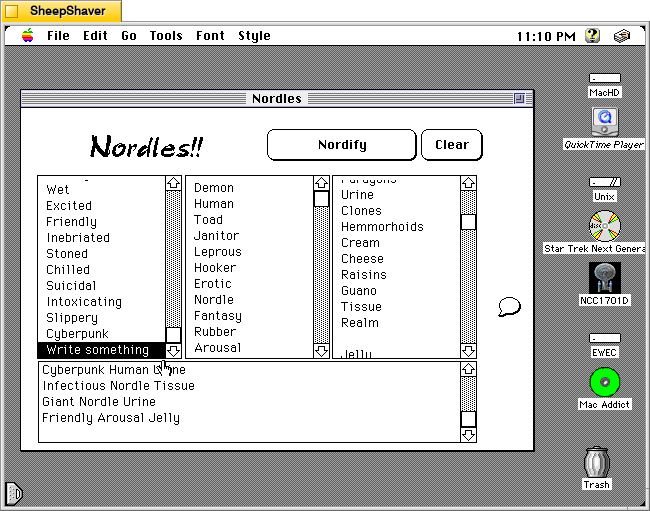 Nordles Hypercard stack main window on a Macintosh System 7.5.5 system emulated in SheepShaver.