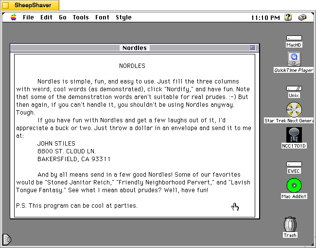 Nordles Hypercard stack about window on a Macintosh System 7.5.5 system emulated in SheepShaver.