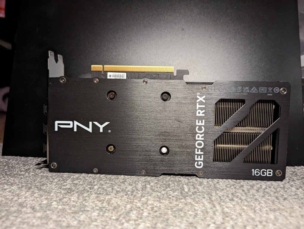 PNY NVIDIA RTX 4060Ti 16GB video card, back view, upside down.