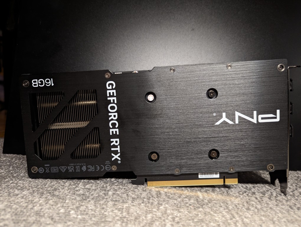 PNY NVIDIA RTX 4060Ti 16GB video card, back view, right side up.