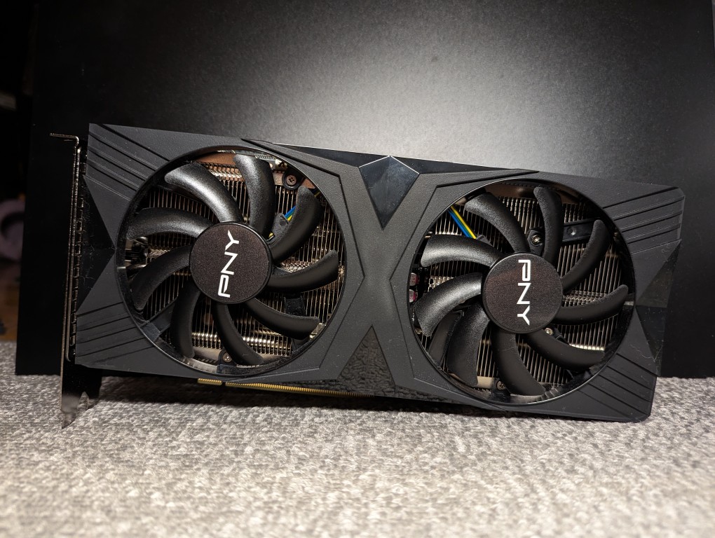 PNY NVIDIA RTX 4060Ti 16GB video card, front view of the dual fans.