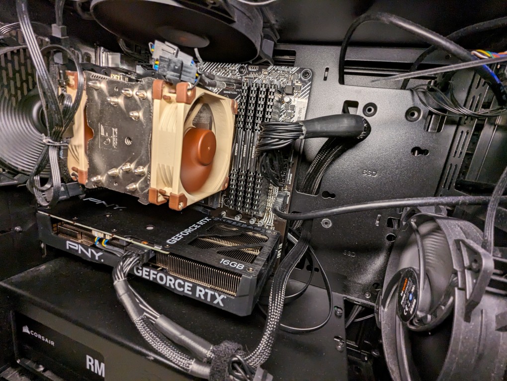 PNY NVIDIA RTX 4060Ti 16GB video card installed in a MicroATX AMD Ryzen 7 system.