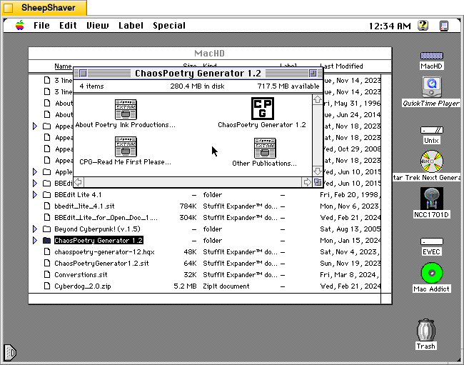 ChaosPoetry Generator 1.2 folder containing the CPG hypercard stack and three text files on Macintosh System 7.5.5 system emulated in SheepShaver.