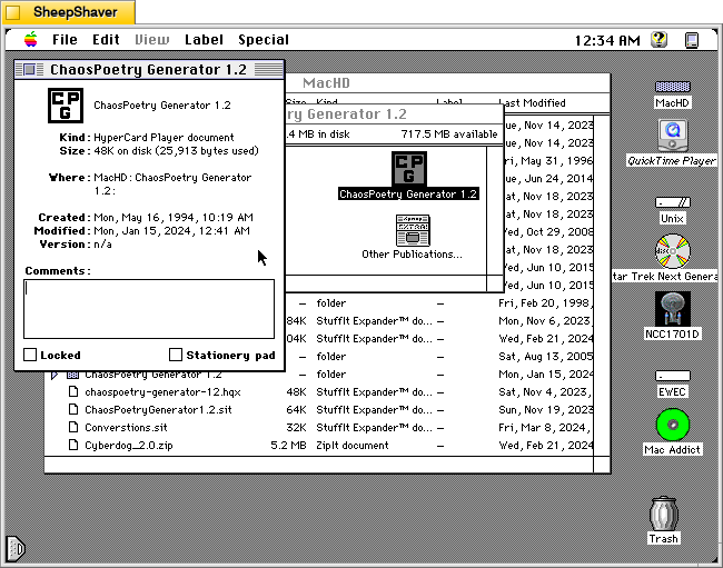 ChaosPoetry Generator 1.2 hypercard stack Get Info window on Macintosh System 7.5.5 system emulated in SheepShaver.