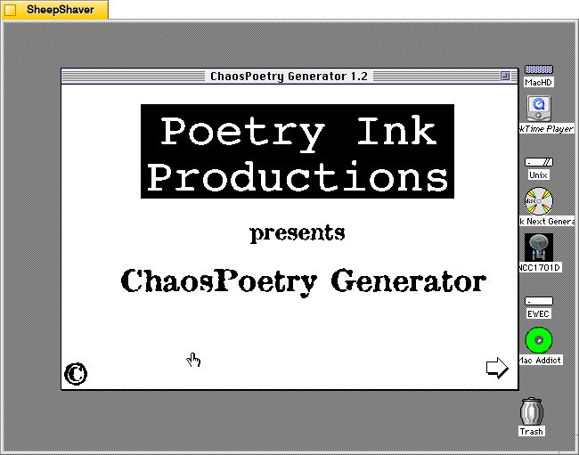 ChaosPoetry Generator 1.2 launch window on Macintosh System 7.5.5 system emulated in SheepShaver.