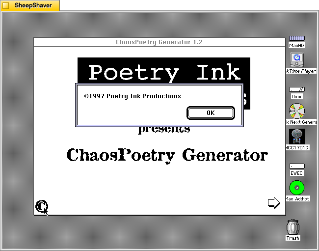 ChaosPoetry Generator 1.2 copyright window on Macintosh System 7.5.5 system emulated in SheepShaver.