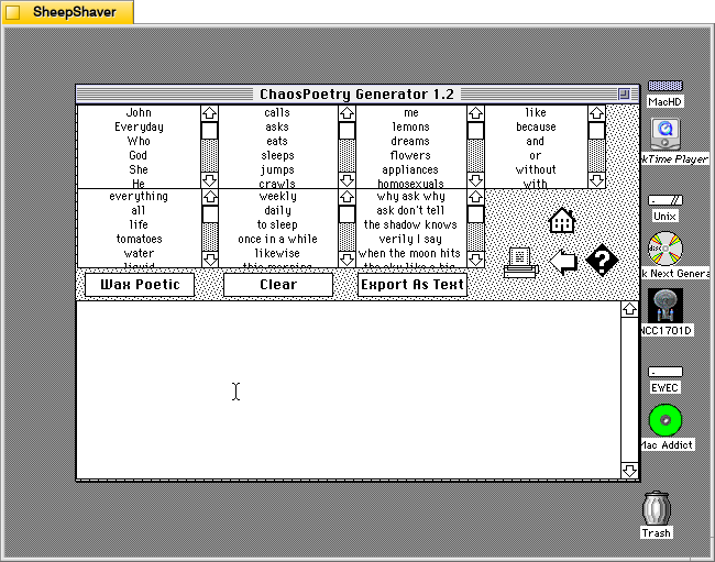 ChaosPoetry Generator 1.2 generating text window on Macintosh System 7.5.5 system emulated in SheepShaver.
