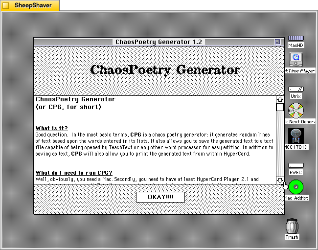 ChaosPoetry Generator 1.2 about window window on Macintosh System 7.5.5 system emulated in SheepShaver.
