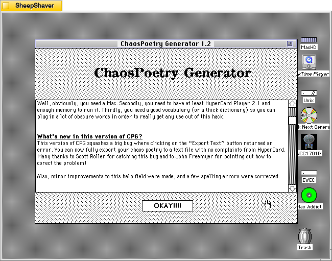 ChaosPoetry Generator 1.2 about window window on Macintosh System 7.5.5 system emulated in SheepShaver.