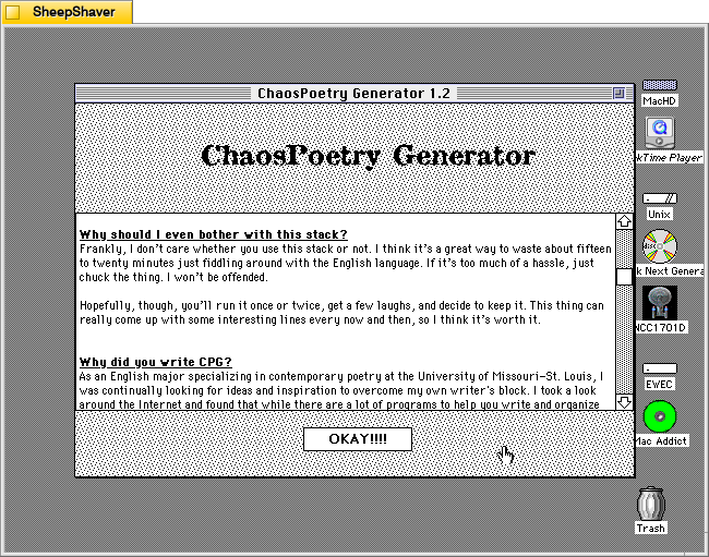 ChaosPoetry Generator 1.2 about window window on Macintosh System 7.5.5 system emulated in SheepShaver.