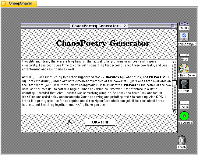 ChaosPoetry Generator 1.2 about window window on Macintosh System 7.5.5 system emulated in SheepShaver.