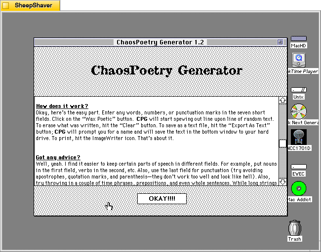 ChaosPoetry Generator 1.2 about window window on Macintosh System 7.5.5 system emulated in SheepShaver.