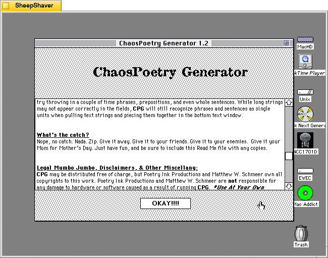 ChaosPoetry Generator 1.2 about window window on Macintosh System 7.5.5 system emulated in SheepShaver.
