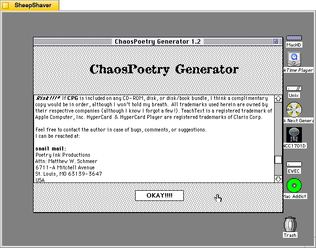 ChaosPoetry Generator 1.2 about window window on Macintosh System 7.5.5 system emulated in SheepShaver.