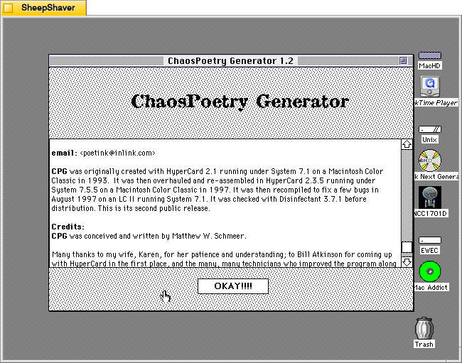ChaosPoetry Generator 1.2 about window window on Macintosh System 7.5.5 system emulated in SheepShaver.