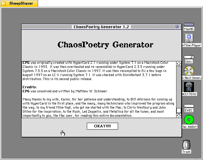 ChaosPoetry Generator 1.2 about window window on Macintosh System 7.5.5 system emulated in SheepShaver.