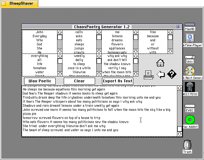 ChaosPoetry Generator 1.2 text generator window with generated lines of text on Macintosh System 7.5.5 system emulated in SheepShaver.