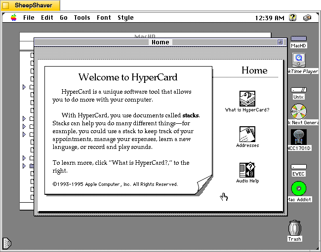 Hypercard Player home screen on Macintosh System 7.5.5 system emulated in SheepShaver.