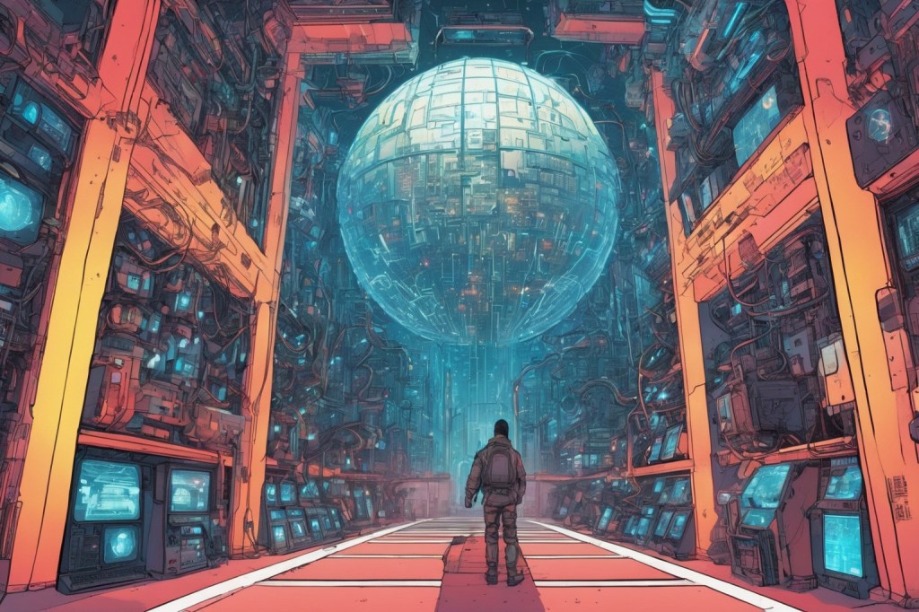 Artificial intelligence in a giant room of computers. Image generated with Stable Diffusion.
