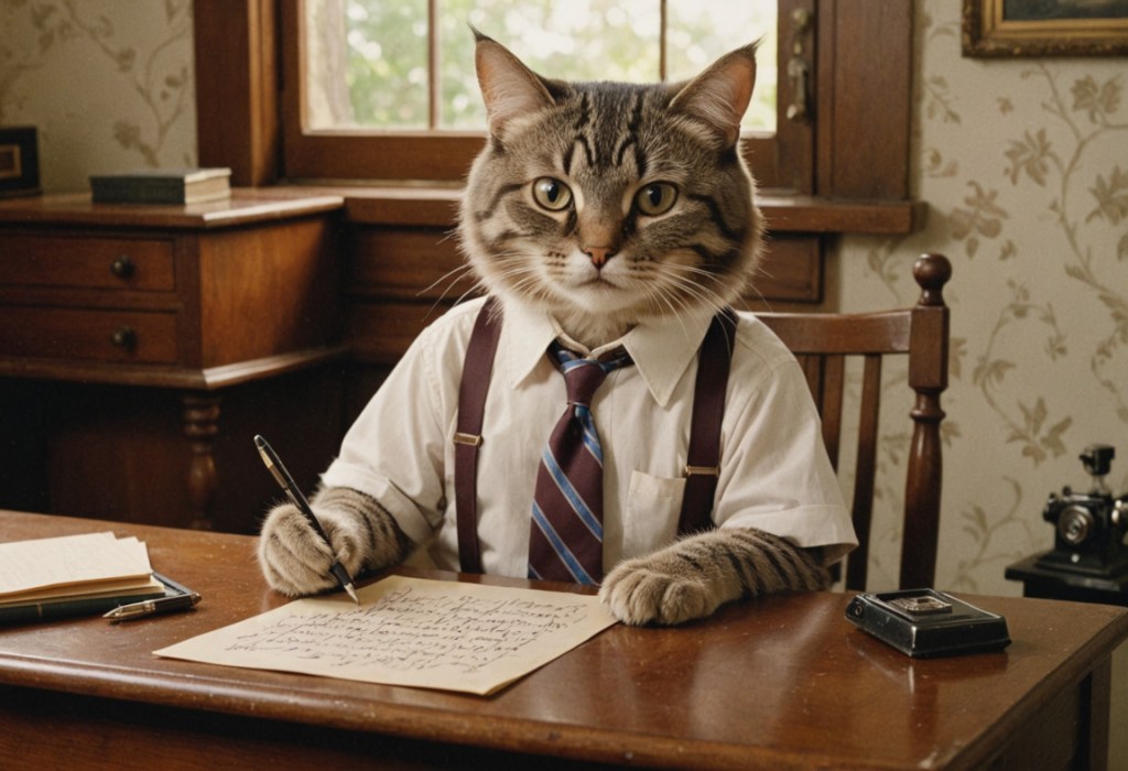 Anthropomorphic cat writing a letter while sitting at an antique wooden desk. Image created using Stable Diffusion.