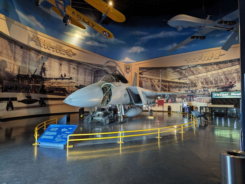 F-15 with wheels down on display in main building, Museum of Aviation, Robins Air Force Base, Warner Robins, GA.